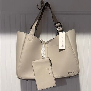 Calvin Klein Pebble Leather Tote in Cream with Matching Wristlet